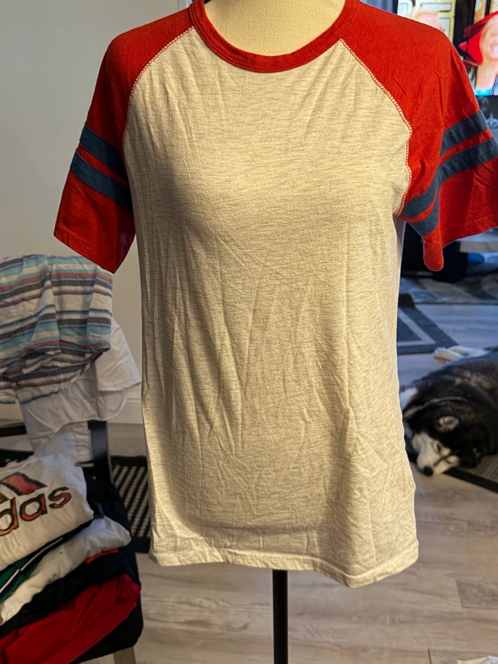 Cat & Jack Red and White Raglan Tee with Blue Sleeve Stripes